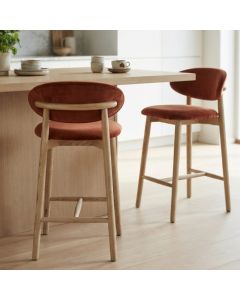 Scandi Rust-Orange Velvet Oak Bar Stool - Light Leg - Due 16th October