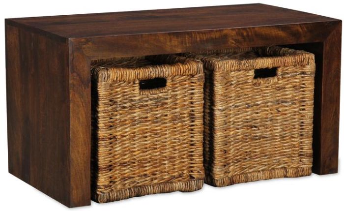 Mango Wood Small Open Coffee Table with Rattan Baskets