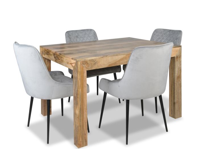 Light Mango Wood 120cm Dining Table & 4 Henley Velvet Chairs