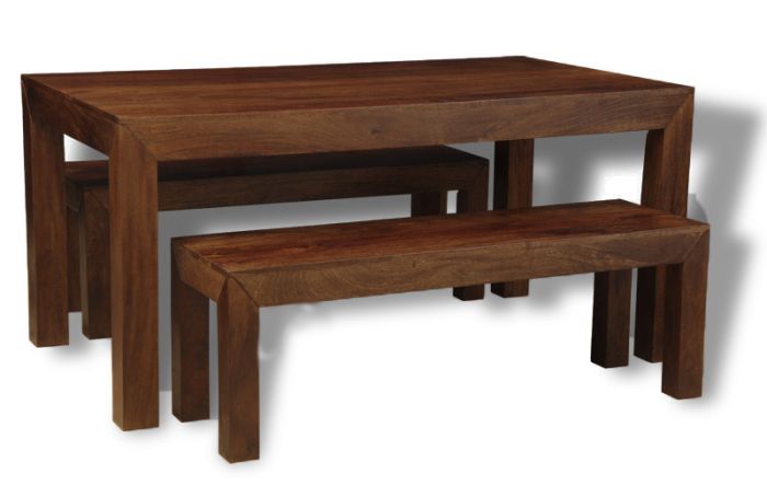 Mango Wood 160cm Dining Table & 2 Small Mango Benches