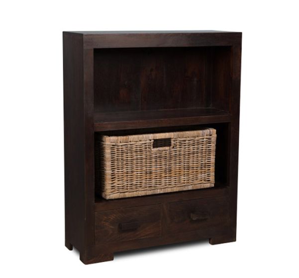 Mango Wood Small Bookcase with Rattan Wicker Basket