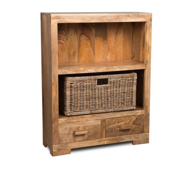 Light Mango Wood Small Bookcase with Rattan Wicker Basket