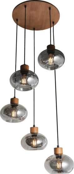 Wooden and Glass 5 Shade Ceiling Pendant