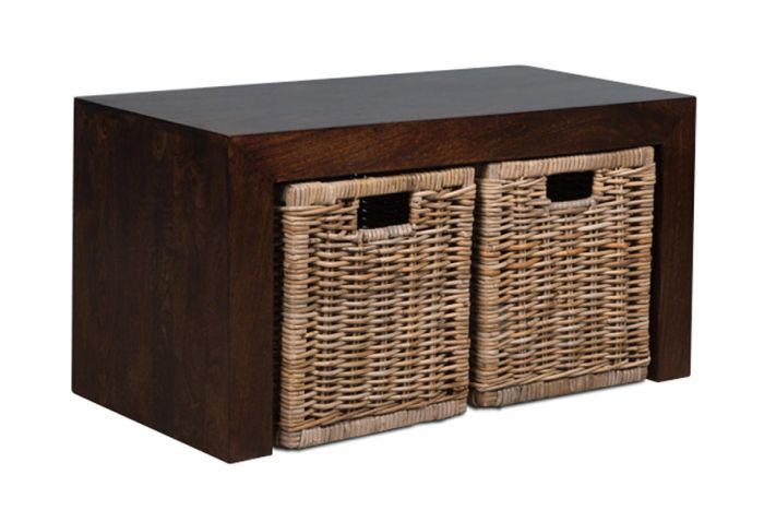Small Open Mango Wood Coffee Table with Rattan Wicker Baskets
