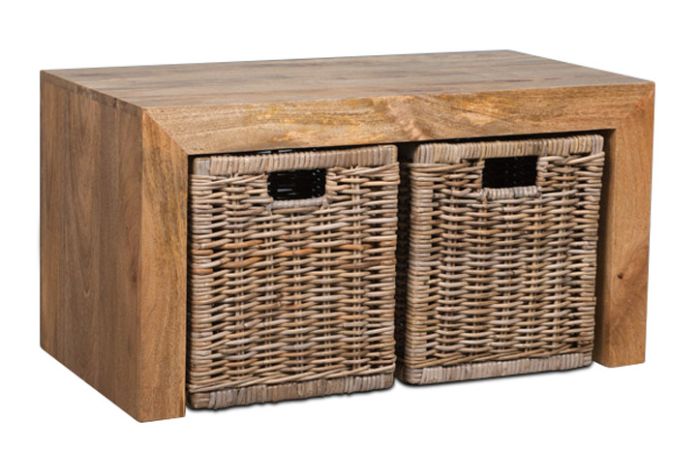 Light Small Open Mango Wood Coffee Table and Rattan Baskets