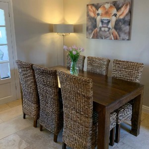 Mango Dark Dining Table and 6 Rattan Rollback Chairs